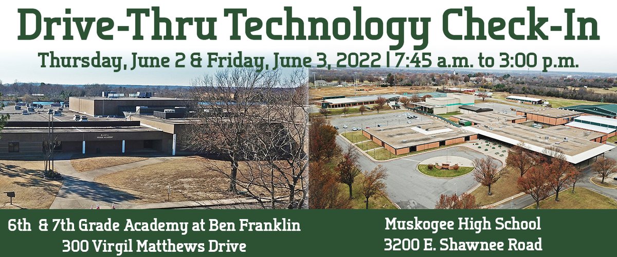 MPS IT will be hosting a Drive-Thru Technology Check-In for students with any technology items that weren't turned into their school.  

Thur., 6/2 and Fri., 6/3/22 from 7:45 a.m. to 3 p.m. at MHS or the 6/7 Grade Academy at Ben Franklin.