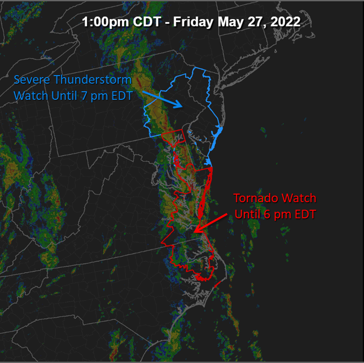 NWSSPC's tweet photo. Tornado and Severe Thunderstorm Watches have been issued for portions of the Mid-Atlantic region this afternoon/evening. Tune into broadcast media, weather radio, or visit https://t.co/YX4AE4omzj the latest watch updates and warnings for your area. https://t.co/epKDwQi2jG