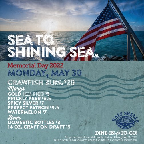HalfShells's tweet photo. Making your Memorial Day plans? Join us on Monday for a day of great specials! https://t.co/91LvE4eVDy
