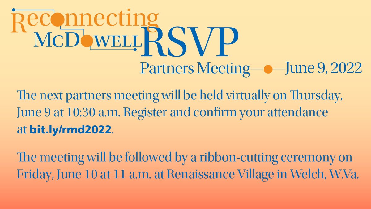 ReconnectMcD's tweet photo. We will convene on Thursday, June 9 at 10:30 a.m. for the Reconnecting McDowell Partners Meeting. Please make note of the time change. Confirm your attendance at https://t.co/oZwosn3Sxs. 

We hope you can join us! https://t.co/fMCSdUGYKz