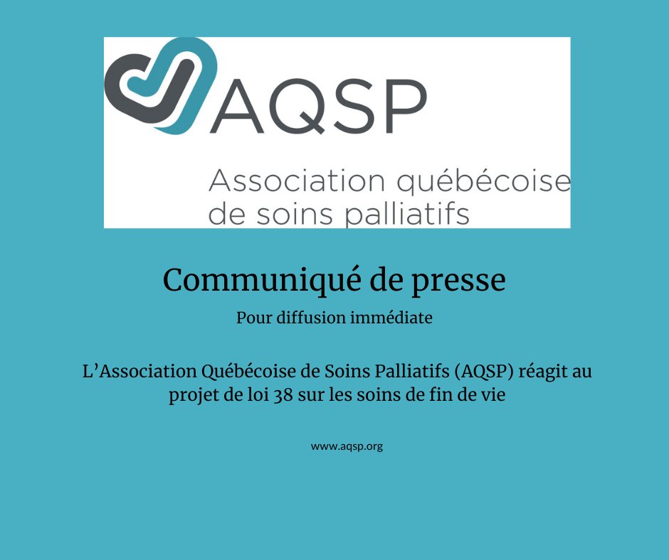 L’Association québécoise de soins palliatifs réagit au projet de loi 38 sur les soins de fin de vie déposé mercredi par le ministre Dubé.
Lire le communiqué de presse:aqsp.org/lassociation-q…

 #lcsfv #assnat #soinspalliatifs #santémentale #PL38 #SantéQc #bill38
