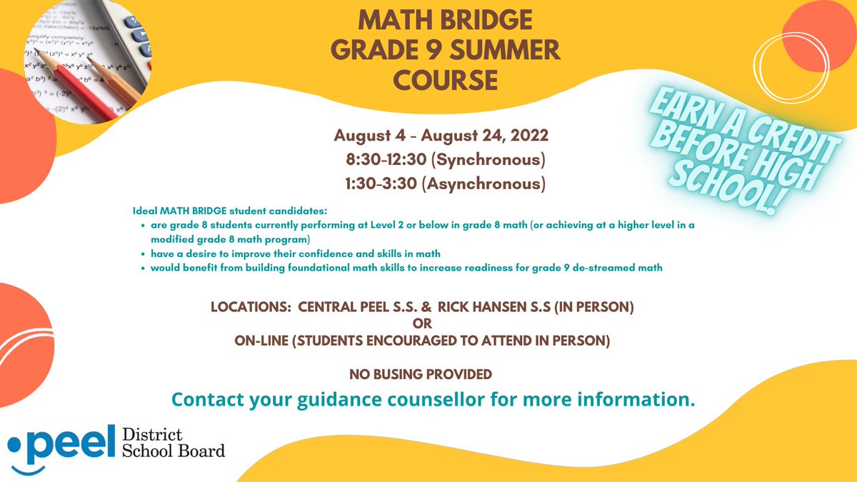 Are you a student who is going into Grade 9 next year? Do you want to improve your skills and confidence in math? Register for the Math Bridge Grade 9 summer course. The course will be offered from August 4-24, 2022.