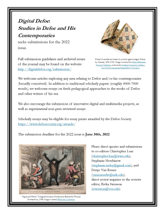 DigitalDefoe Journal (@digitaldefoe) on Twitter photo #CFP for Digital Defoe: Studies in Defoe and His Contemporaries
And we stress āand His Contemporariesā!
DEADLINE: 30 June 2022
DETAILS: digitaldefoe.org/submission/
QUERIES: <a href="/S_Insley_H/">Stephanie Insley Hershinow</a> @chris_loar @profvanrenen
#DanielDefoe
#18thCentury
#AcademicTwitter
#CallForPapers #CFP for Digital Defoe: Studies in Defoe and His Contemporaries
And we stress āand His Contemporariesā!
DEADLINE: 30 June 2022
DETAILS: digitaldefoe.org/submission/
QUERIES: <a href="/S_Insley_H/">Stephanie Insley Hershinow</a> @chris_loar @profvanrenen
#DanielDefoe
#18thCentury
#AcademicTwitter
#CallForPapers