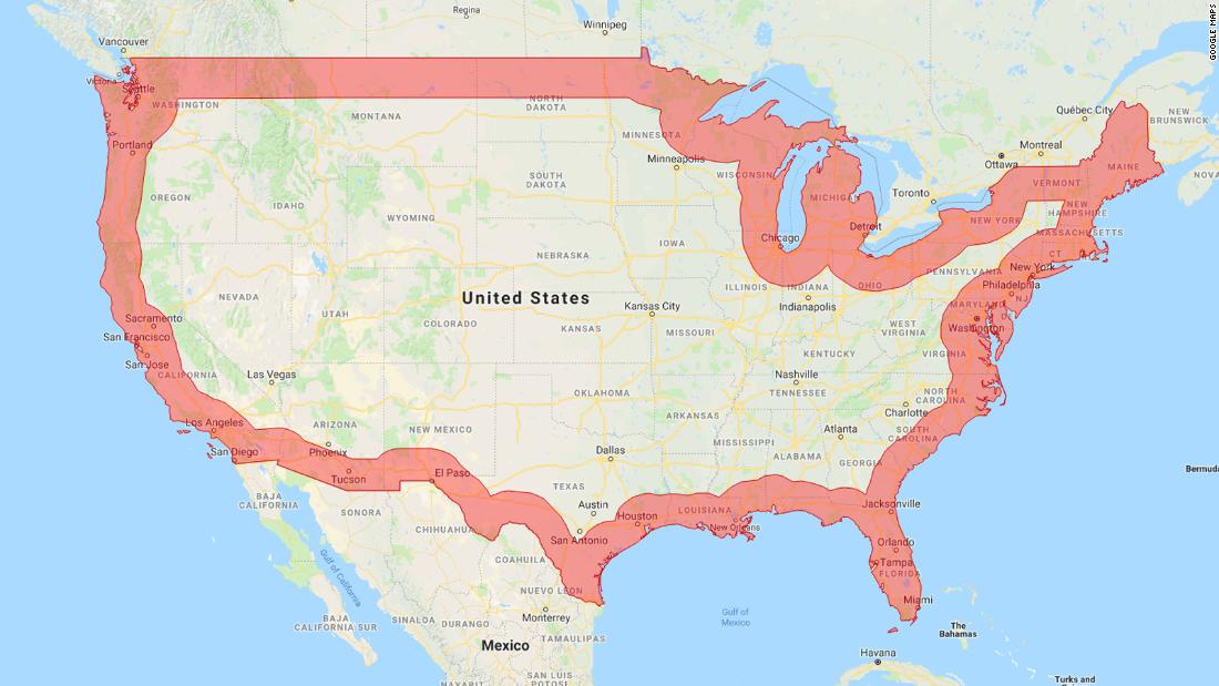map of us with thick red line showing 100 miles in from border. 