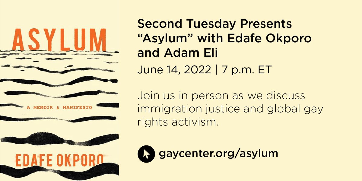 LGBTCenterNYC's tweet photo. Our #SecondTuesday concludes this season with a special Pride Month presentation in conversation with Adam Eli and @EdafeOkporo as we discuss immigration justice and global gay rights activism.

June 14, 2022 | 7 p.m. ET

Register to attend: https://t.co/gNf40xR7eR https://t.co/KoCQat4Dg8