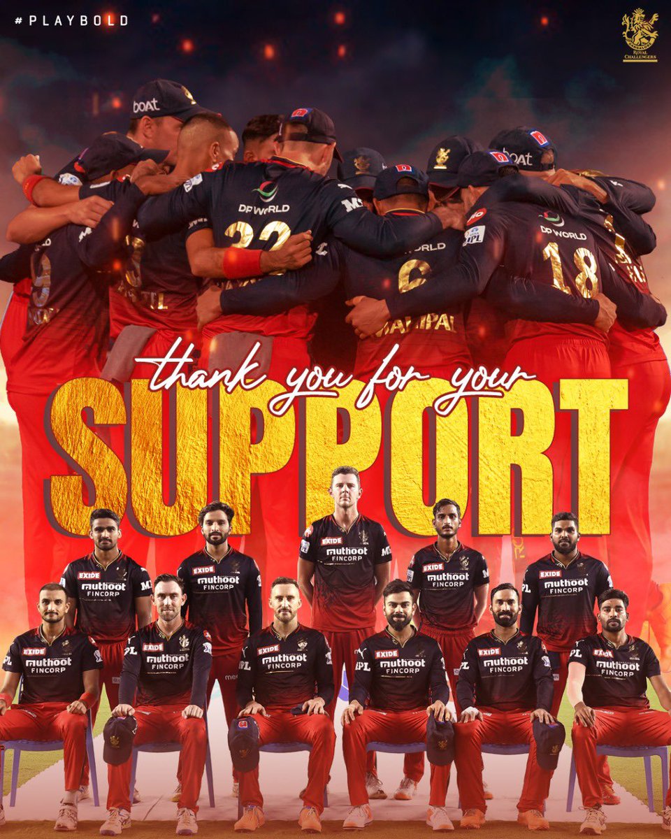An unforgettable season with so many unforgettable moments. 

We cannot thank you enough for your support, 12th Man Army. ❤️ We tried our best not to let you down. 

We’ll be back to #PlayBold next year. 🙌🏻

#WeAreChallengers #IPL2022  #RCB #ನಮ್ಮRCB #PlayOffs #RRvRCB