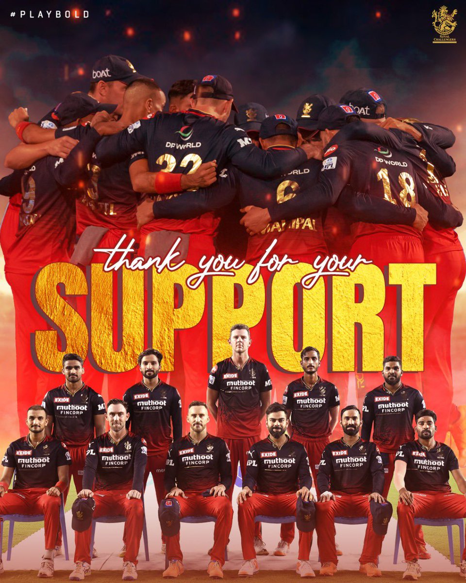 RCBTweets's tweet photo. An unforgettable season with so many unforgettable moments. 

We cannot thank you enough for your support, 12th Man Army. ❤️ We tried our best not to let you down. 

We’ll be back to #PlayBold next year. 🙌🏻

#WeAreChallengers #IPL2022  #RCB #ನಮ್ಮRCB #PlayOffs #RRvRCB https://t.co/xg5yoZZi7Z