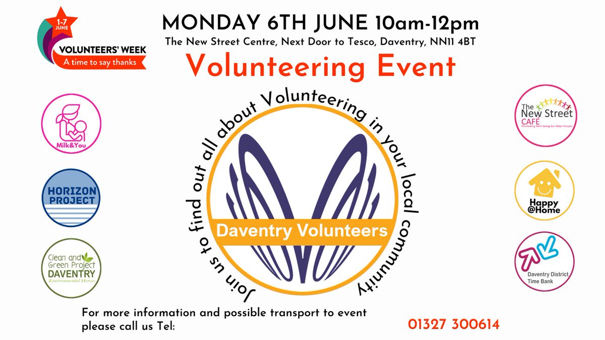Daventry Volunteer Centre is holding an event on Monday 6th June (10-12pm) to celebrate Volunteers Week!
Please come along if you can, to find out more about volunteering in the community, thank you.. 

PS: we're next to Tesco!