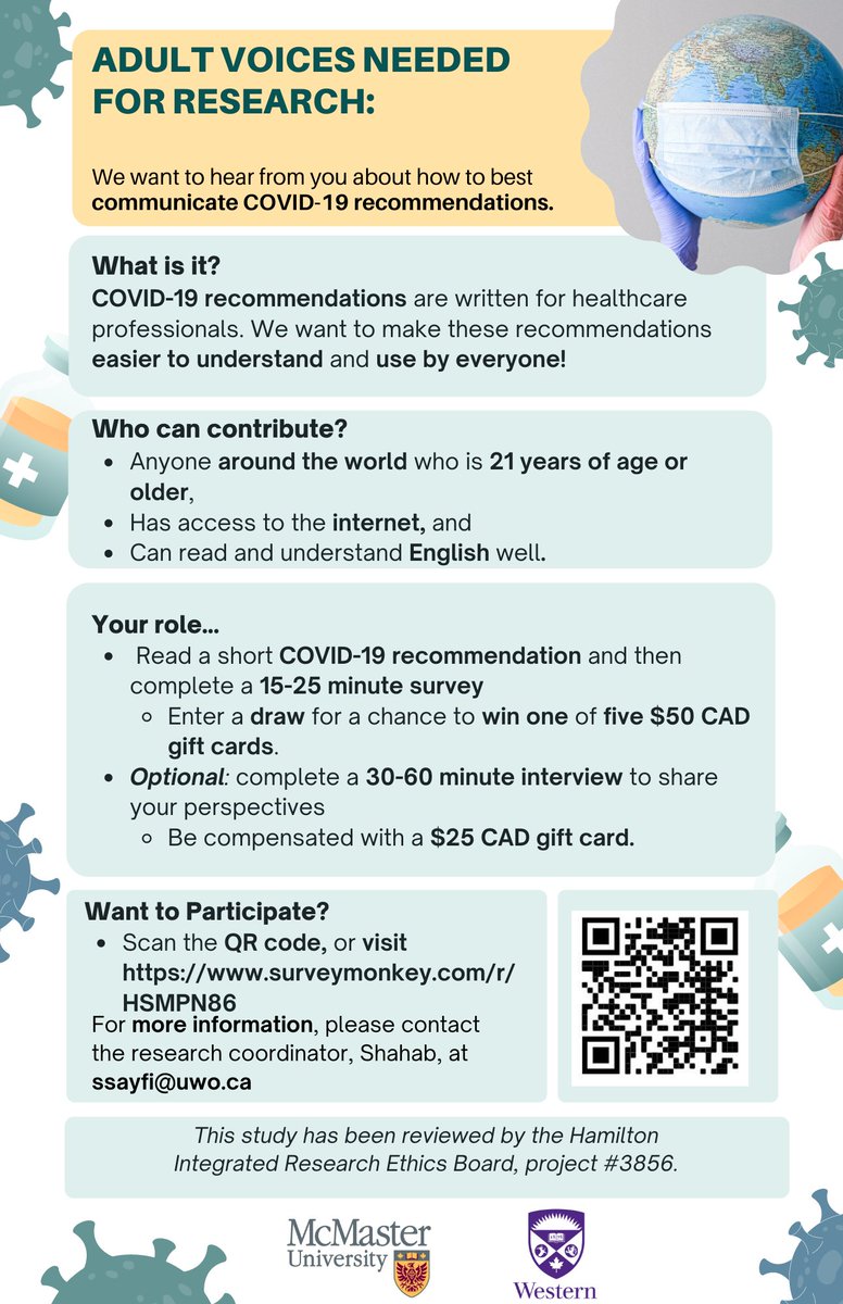 Adults' voices needed! Are you 21 years or older and interested in contributing to COVID-19 research? Click on the link below to learn about our study and complete the survey. surveymonkey.com/r/HSMPN86 #COVID19 #guidelines #recommendations #knowledgemobilization #international