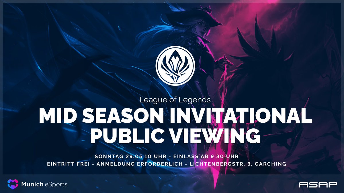 munich_esports's tweet photo. Diesen Sonntag wird sich beim MSI-Finale erneut zeigen, wer der dickere Fisch im kleinen Teich ist! 🐟Das wollen wir uns natürlich nicht entgehen lassen und möchten euch daher alle herzlich zu unserem Public Viewing einladen 🥳
ANMELDUNG: https://t.co/f97xKDxRhf #PlayYourHeartOut https://t.co/J61jaSiwW2