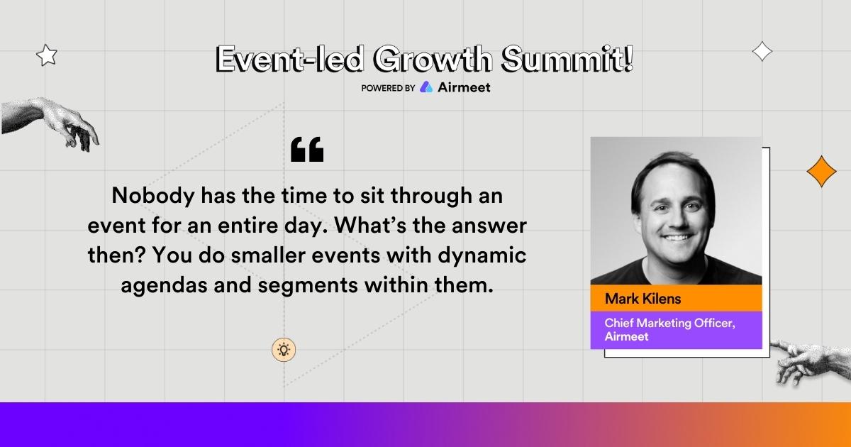 Airmeet's tweet photo. Planning on your next event? Hereโs an amazing thought shared by our CMO, @MarkKilens that might come in handy! โบ๏ธ
Find more of such best practices shared by leading event experts at the #ELGsummit in the event replay - https://t.co/AiI6JnYpO5 ๐๐ผ
#EventsToExperiences https://t.co/4XbBCh7CD6