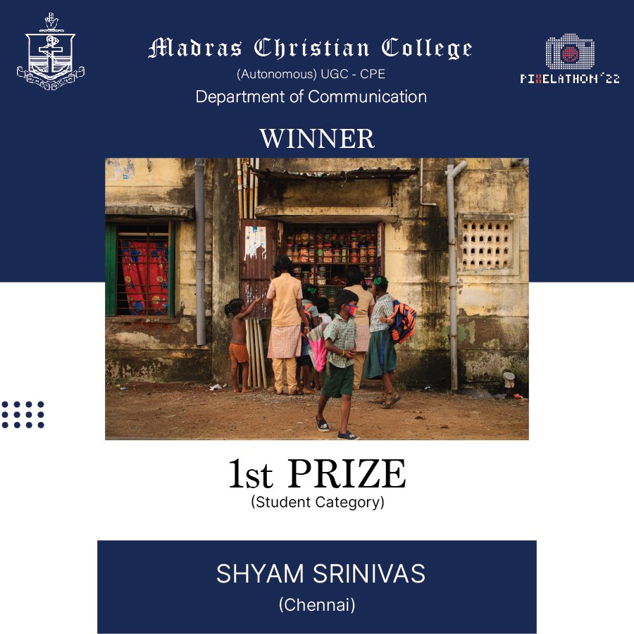 pixelathonmcc's tweet photo. Congratulations to Shyam Srinivas for bagging the first prize in the student category of Pixelathon'22!
#pixelathon #pixelathon22 #departmentofcommunicationmcc #communicationmcc #madraschristiancollege #mcc #photographycontest #photoexhibition #photography #event #photocontest https://t.co/iaxwFYbls6
