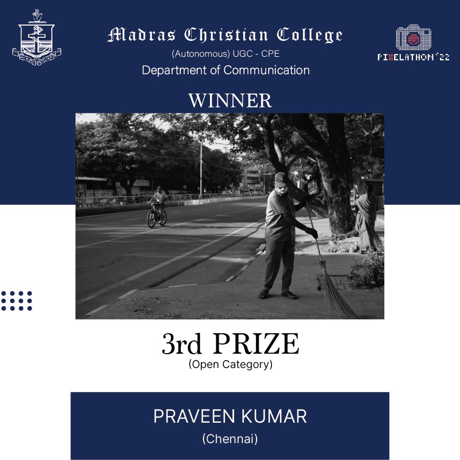 pixelathonmcc's tweet photo. Congratulations to Praveen Kumar for bagging the third prize in the open category of Pixelathon'22!
#pixelathon #pixelathon22 #departmentofcommunicationmcc #communicationmcc #madraschristiancollege #mcc #photographycontest #photoexhibition #photography #event #photocontest https://t.co/MhLHuGNIGc