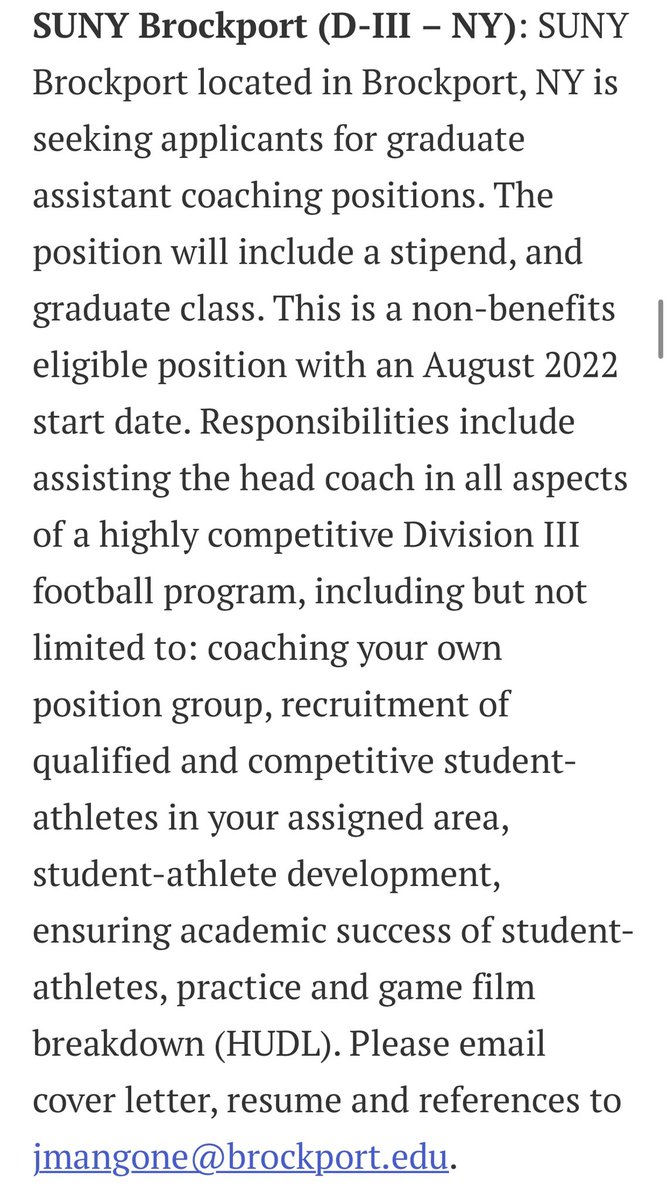 Since 2014 we have had 11 Graduate Assistant Coaches receive full-time coaching jobs.
#BrockportFootball
#Jobs