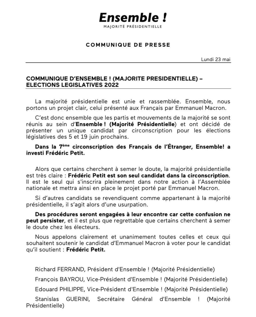 fpetitAN's tweet photo. 🇫🇷 Message aux Françaises et aux Français établis dans ma circonscription : 

« Avec l’ouverture du vote par internet aujourd’hui vous avez pu constater que deux candidats tentaient de s’arroger l’étiquette majorité présidentielle. Je ne les laisserai pas voler notre élection » https://t.co/ZypCRfG3Fe