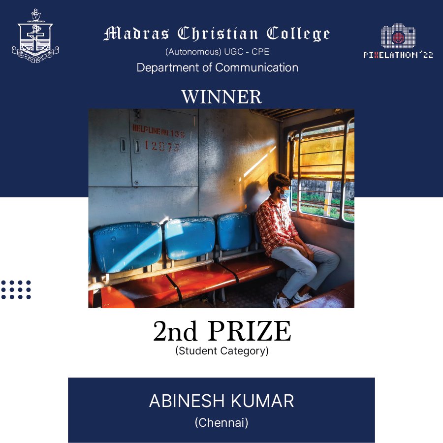 pixelathonmcc's tweet photo. Congratulations to Abinesh Kumar for bagging the second prize in the student category of Pixelathon'22!

#pixelathon #pixelathon22 #departmentofcommunicationmcc #communicationmcc #madraschristiancollege #mcc #photographycontest #photoexhibition #photography #event #photocontest https://t.co/0Cetx4PBun
