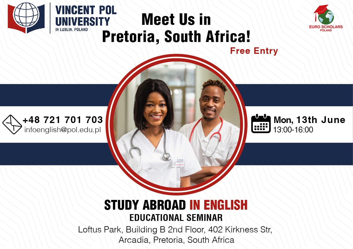 VPULublin's tweet photo. Come and meet us in
Pretoria South Africa!
Free Education Seminar!
#SouthAfrica #Pretoria #vincentpoluniversity #studyinpoland #studyinenglish #studyabroad #studyineurope #tourism #beautyscience #midwifery #nursing #nursingstudent #university #business #physiotherapy https://t.co/ZYYCw2KoL7