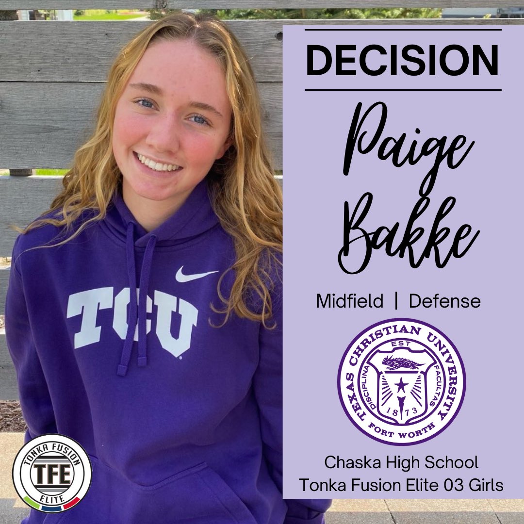 03Tfe's tweet photo. DECISION!!

Let’s hear it for @tfe03girls’ @paigebakke12 on her decision to continue her education at TCU in Engineering!  Paige has been invaluable to TFE with her ability and flexibility to play any position. Congrats, Paige!

#ForEachOther
@TonkaFusionMN 
@CHSgirlsfutbol https://t.co/7UQSHoZ4XS