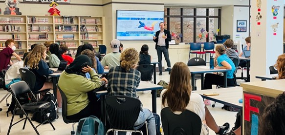 OerthBio's tweet photo. @DFourches returned to his teaching roots for an afternoon inspiring local students to pursue #sciencecareers. Thanks to @JHSFalcons for the warm welcome! We were impressed with the engagement of the students and the caliber of questions. Bright futures ahead!  #ourfuture #agtech https://t.co/snZIUwbaZZ