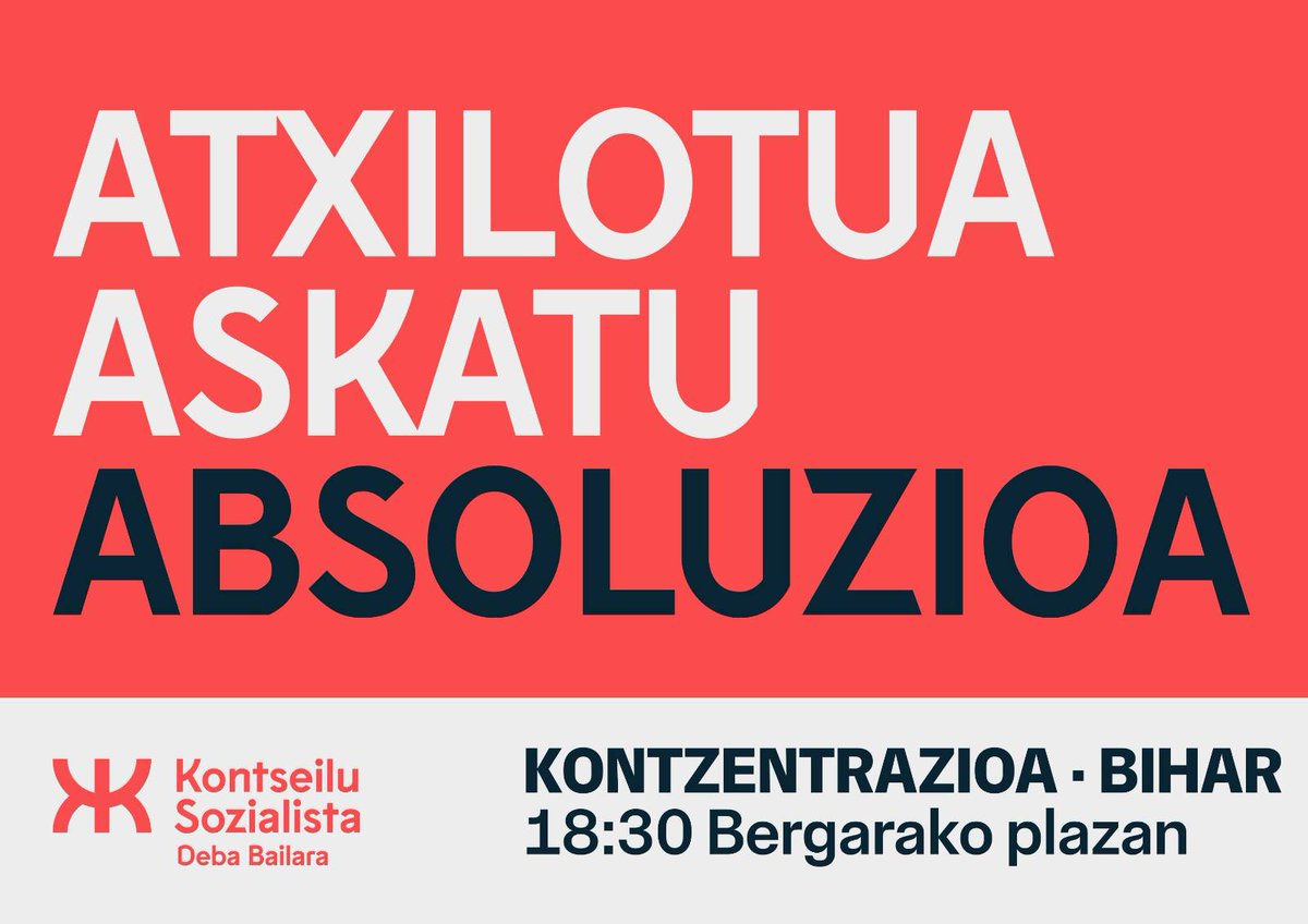 🔴 ADI

Atzo Itziarren atxilotu zuten Mugimendu Sozialistako kidea espetxeratu egingo dute. Gertaera salatu eta atxilotuari elkartasuna adierazteko kontzentrazioa deitu dugu biharko:

📆 Maiatzak 28
🕕 18:30
📍 Bergarako Plaza