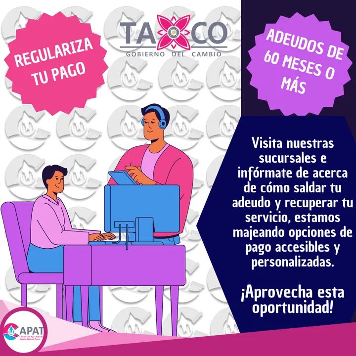 TrechoInforma's tweet photo. #Taxco | CAPAT 2021-2024 le informa:
Esta es la oportunidad que estabas buscando para saldar tu adeudo, y reanudar tu servicio.
Si cuentas con un adeudo de 60 meses o más, te invitamos a pasar a nuestra oficinas, contamos con un plan de pago EXCEPCIONAL.
#PagoOportuno #capat2124 https://t.co/8qgkDooQjX