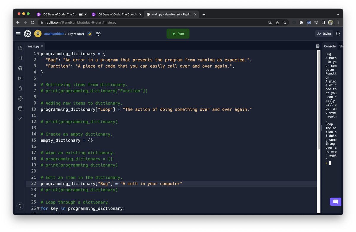 Rockways's tweet photo. Beginning of #day9 of #100DaysOfCode 

We're learning about #Python Dictionaries. I took an involuntary break for two days to recover all the sleep I had skipped before. I am proud of myself :) https://t.co/v0rhQZ3g3I