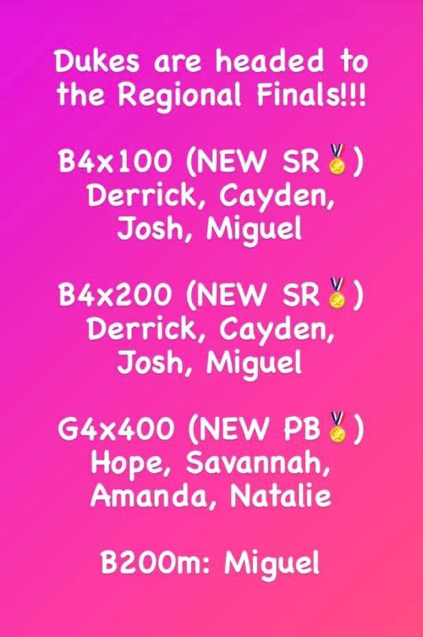 Rain, rain stay away-the DUKES are at REGIONAL FINALS TODAY!! 💪🏼🏃‍♀️🏃👟💪🏼
Good luck and run fast-we believe in you!!