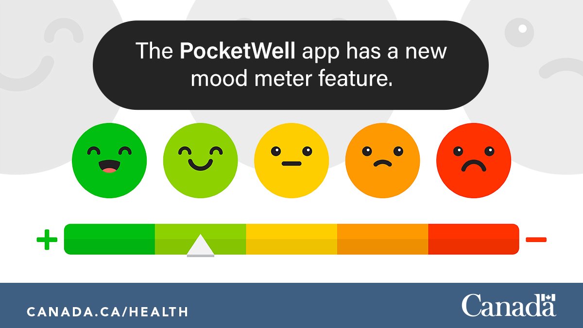 GovCanHealth's tweet photo. The #PocketWell app from #WellnessTogetherCanada now has a mood meter feature so you can track your mood and how it changes over time. Download PocketWell and see how it can work for you.
App Store: https://t.co/CFPmP7nMC1
Google Play: https://t.co/iNqiIH4utm https://t.co/3UHLLNsAKS