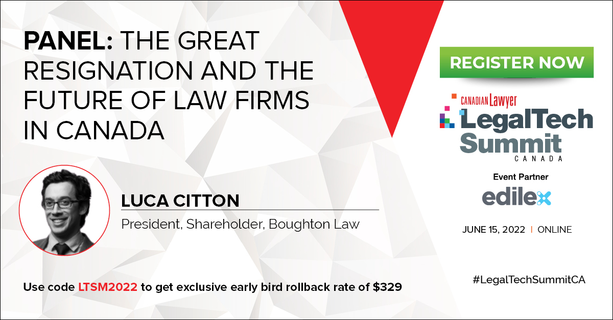 Discover how the use of technology can play a role in conquering the Great Resignation at the 2022 LegalTech Summit Canada.

Become an early adopter and join us virtually on June 15, 2022.
Learn more: hubs.ly/Q01cgh3-0
#LegalTechSummitCA #LegalTechSummit