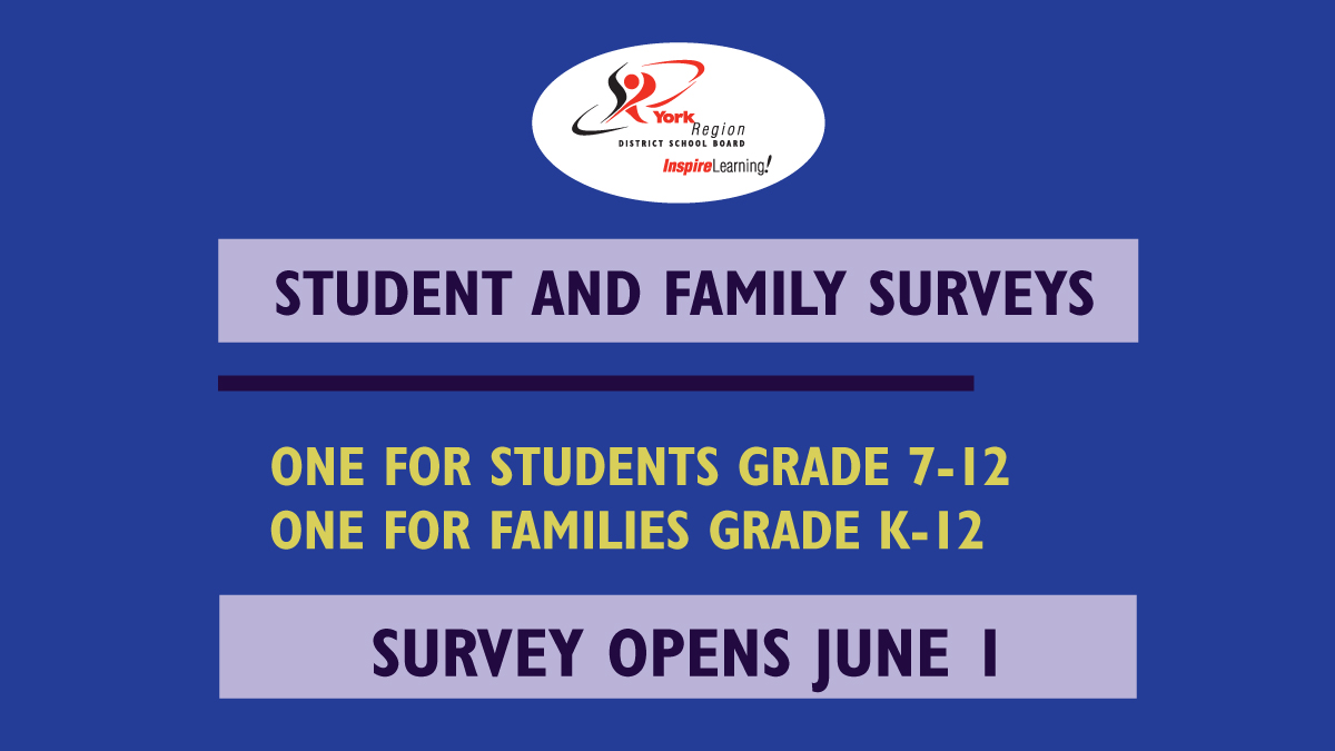 We value student and parent input and we want to hear your voice!

The YRDSB Survey for Students &amp; Families will take place from June 1-30 &amp; is an opportunity for students &amp; families to share their experiences of learning from the past school year. 

More: ow.ly/YpK630rHo11
