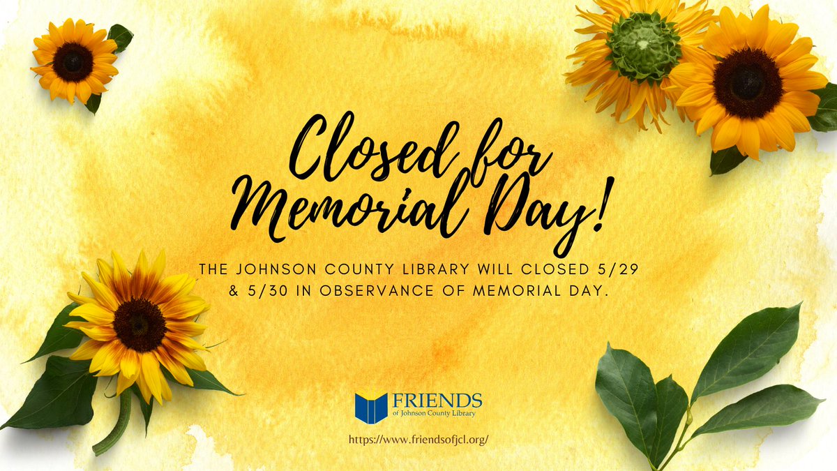 A reminder to get your weekend reads before the library is closed for the upcoming holiday.

You can also stock up at the Friends pop-up sale TOMORROW!

Friends Members Only: 11:30 am - 1:00 pm
General Public: 1:00 pm to 5:00 pm
8279 Melrose Dr., Lenexa, KS 66214