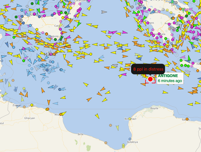 🆘! 8 lives at risk in #Malta SAR

Alarm Phone was alerted to a small boat in distress in the Maltese SAR zone. The 8 people fleeing from #Libya are running out of fuel &amp; are trying to alert merchant vessels nearby, incl. the vessel #ANTIGONE. Authorities are alerted - act now!