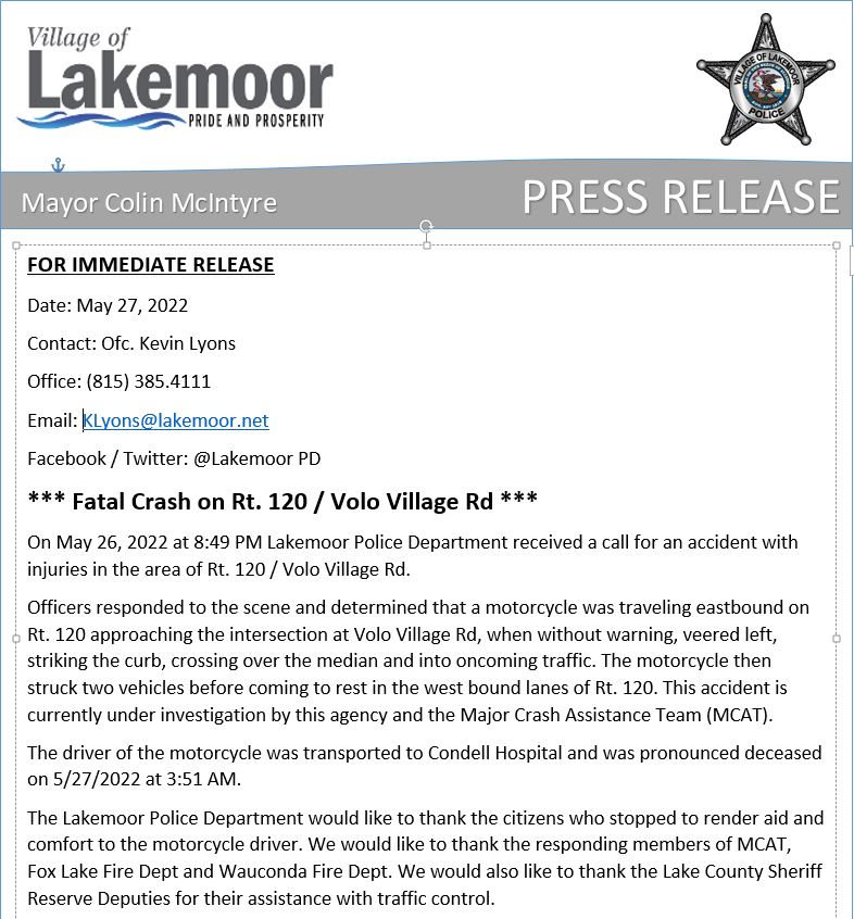 LakemoorPD's tweet photo. Press Release for Fatal Crash on Rt. 120 / Volo Village Rd. https://t.co/GRA4R6n88N
