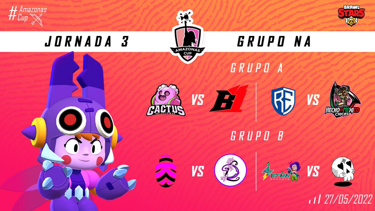 #AmazonasCup | Jornada 3 NA

Ya están los enfrentamientos para esta tercera jornada de NA🎉

📅: 27/05

Grupo🅰️
<a href="/CactusJackBS_/">Cactus Jack 🌵</a>  vs <a href="/TeamB1_GG/">Be One</a>
<a href="/RegardsEsports/">Regards Esports</a> vs @HEMCOC_

Grupo🅱️
@KIB_Esports vs @LatinMGirls
<a href="/STMNesports/">STMN Esports</a> vs #BelicasRiot