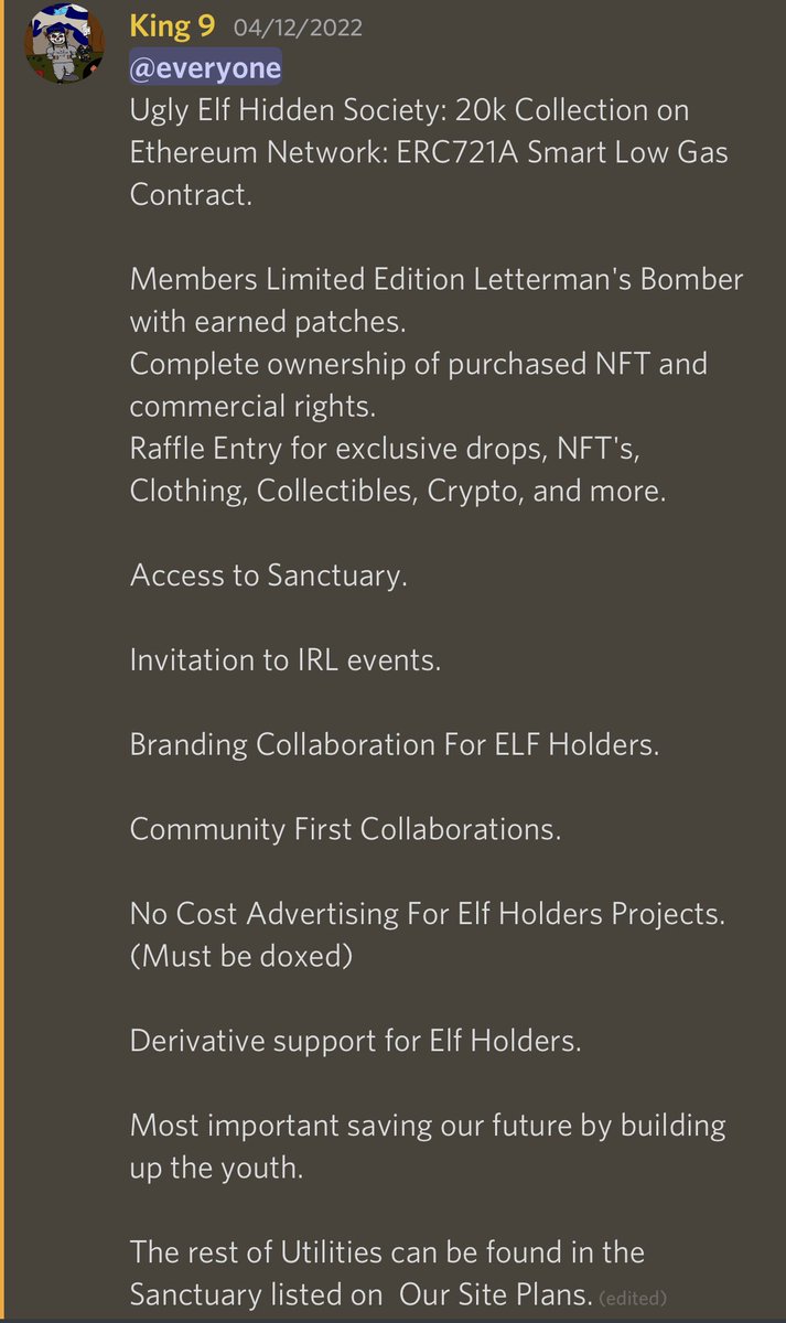 What utilities do we have to offer for holders besides saving the #youth ???

Well I am glad you asked.. 

Just take a 👀 👇
 
<a href="/hidden_beauty9/">Queen9</a> @UglyElfBunker <a href="/DreamBigBeBig20/">Tim Cook</a> 

#UglyElfHiddenSociety
#KingsVsQueens
#NFTs
#NFTCommunity