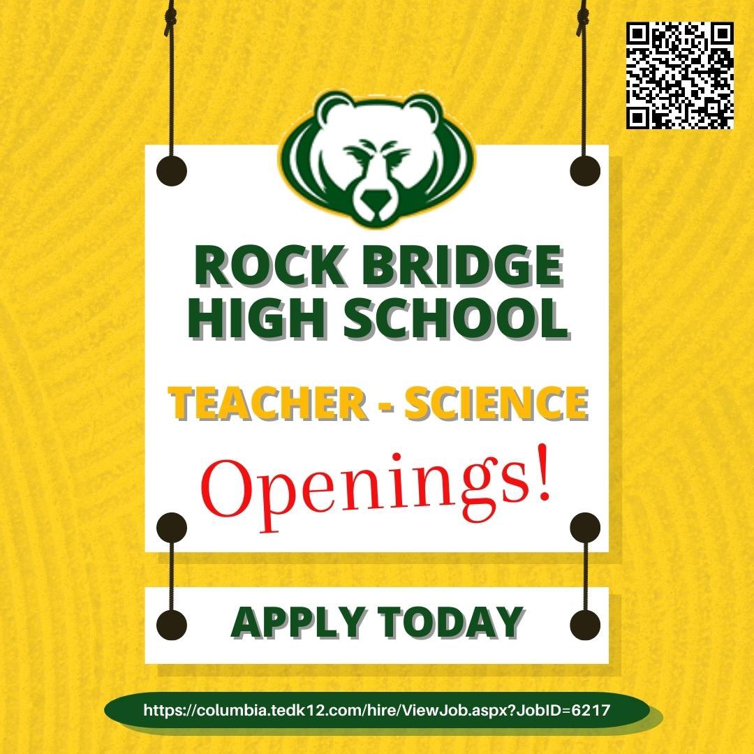 Rock Bridge is looking for a Science Teacher for the 2022-23 school year. Please pass this along to anyone who might be interested. #REPROCKBRIDGE