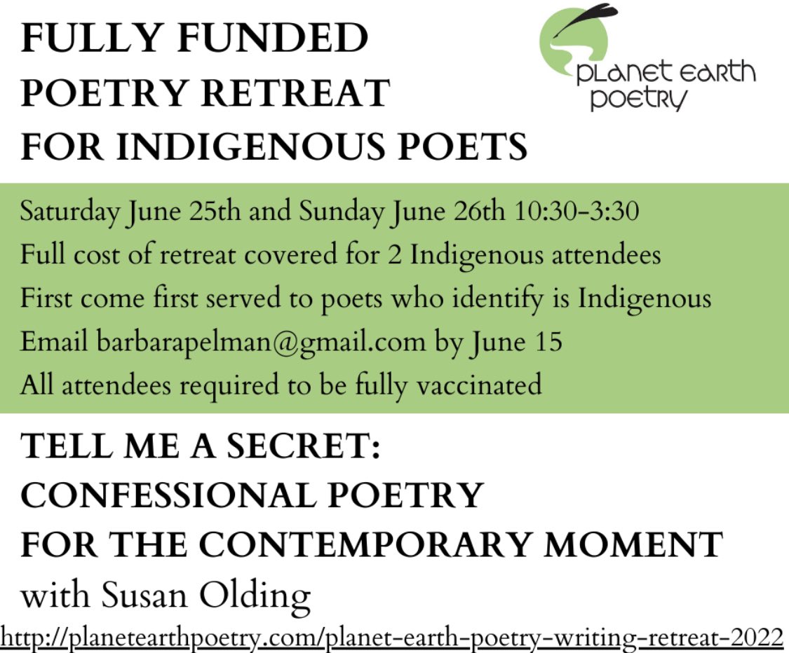 🕊Indigenous Poets’ Bursary🕊

Planet Earth Poetry extends an invitation to two participants who identify as Indigenous to attend this summer’s Poetry Retreat scheduled to occur in Victoria June 25th &amp; 26th.

Associated fees are fully covered through bursary funding.

#indigenous