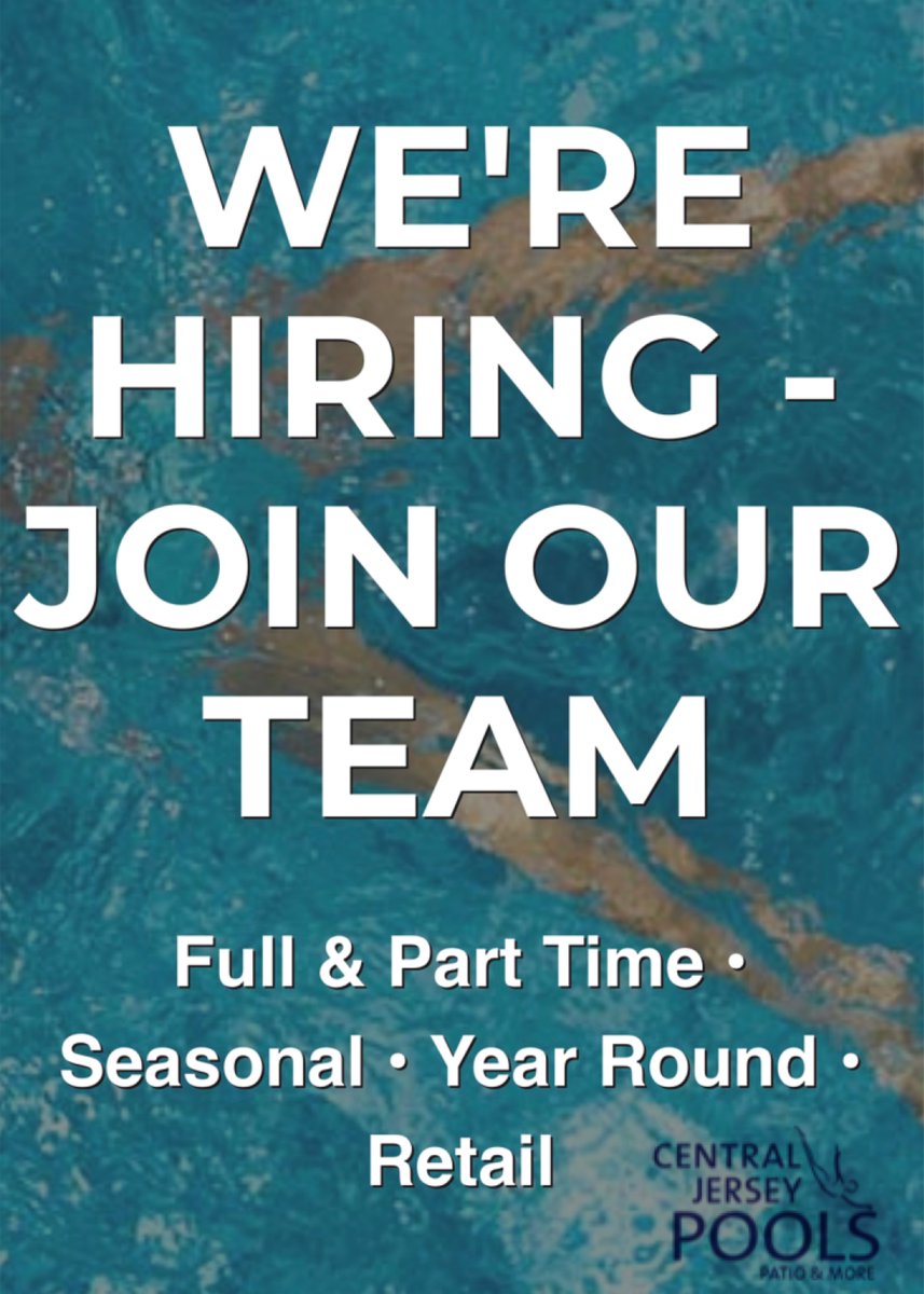 CJerseyPools's tweet photo. Central Jersey Pools is hiring! Are you looking for part time/ full time/ seasonal/ year round/ retail? We’ll follow this line to find out more. https://t.co/r5HDBCw76d #cjpools #centraljerseypools #jobs #working #nowhiring #pools #hottubs https://t.co/rwhTZvO6zi