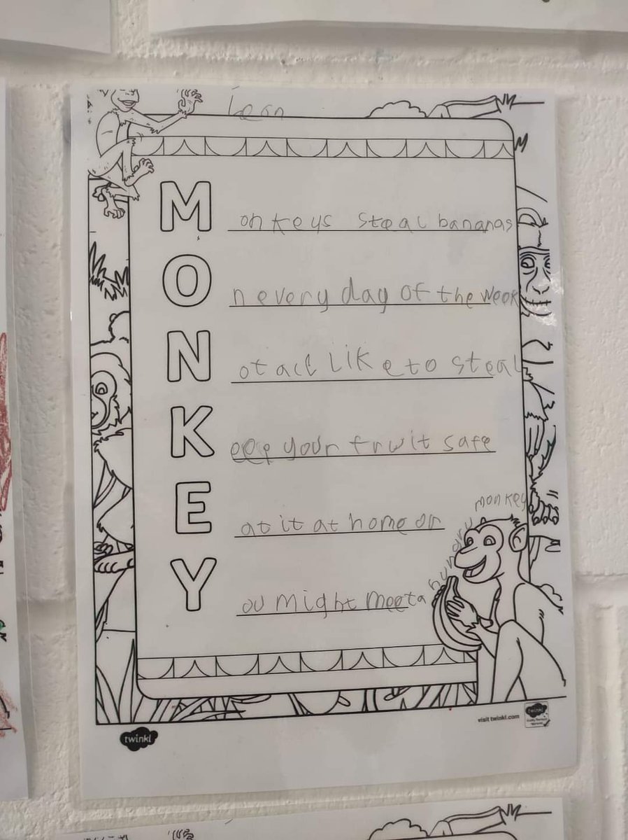 Miss Nolan's 2nd class have been learning all about poetry this week and wrote wonderful acrostic poems about monkeys this week #poetry #creativity