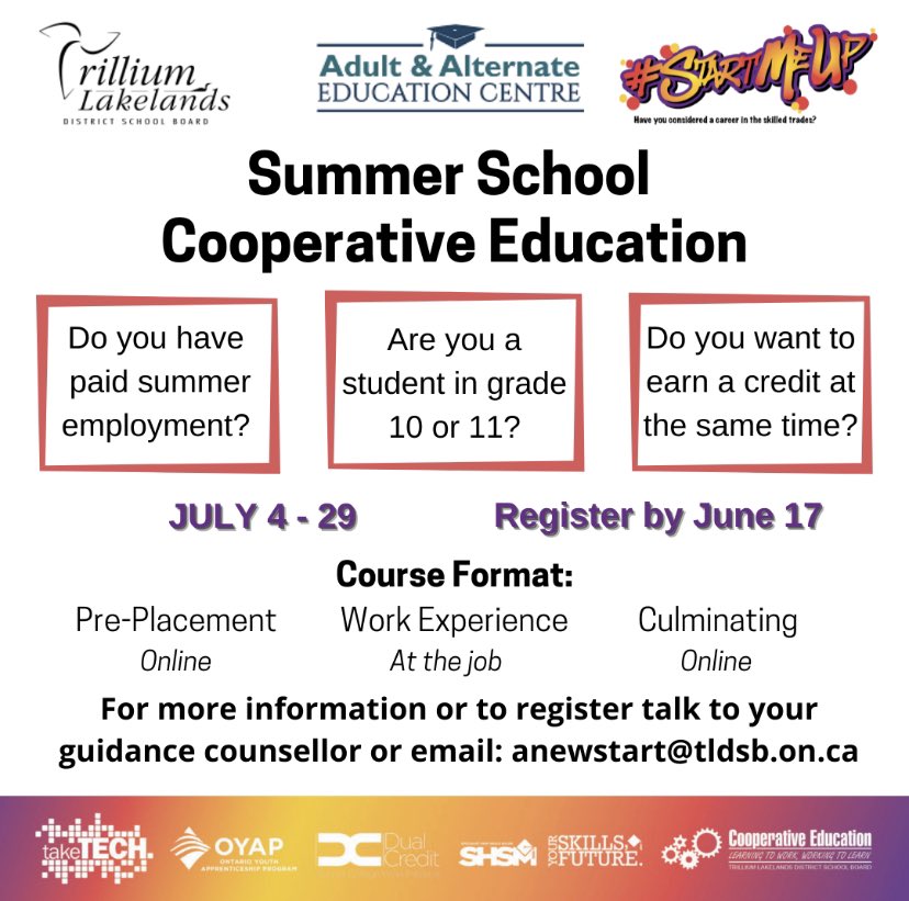 TLDSB_Pathways's tweet photo. Registration for Summer School Co-op is open for grade 10 and 11 @TLDSB students! Visit https://t.co/BadGmt39aY for more info! 
#StartMeUp #coop @LCVICoopEd @FenelonFallsSS @IEWeldonTech @HHSS_RedHawks @bmlsstech @GravenhurstHS @HuntsvilleHS https://t.co/HBAqSYVMjW
