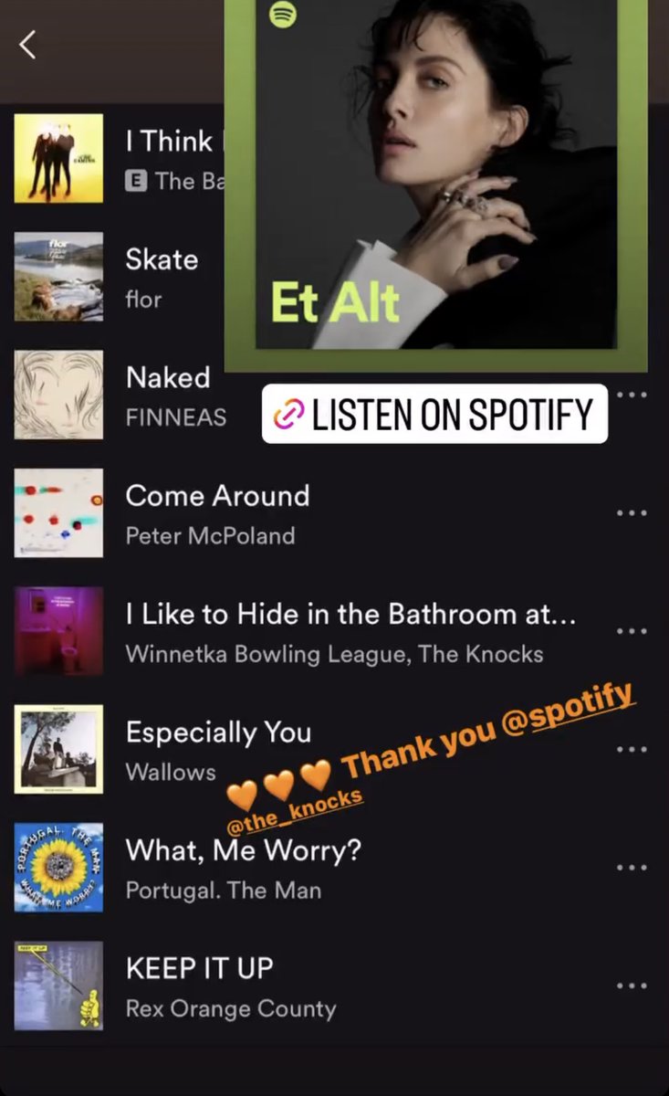 Lots of love to <a href="/Spotify/">Spotify</a> for adding "I Like to Hide in the Bathroom at Parties" on #ItsALTGood and #EtAlt 🧡🧡Give it a listen now &gt; smarturl.it/ILTHITBAPItsAl… 
<a href="/theknocks/">The Knocks</a>