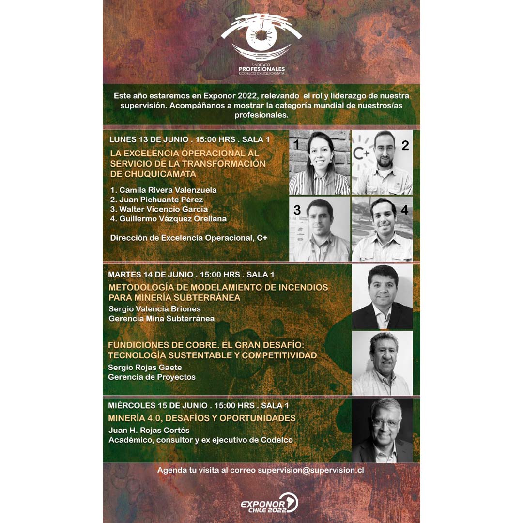 🌎📢 En EXPONOR 2022 el Sindicato de Profesionales de Chuquicamata será parte de las charlas técnicas de la exhibición minera-energética más importante del año. ¡No te lo pierdas y agenda tu visita!🤝
