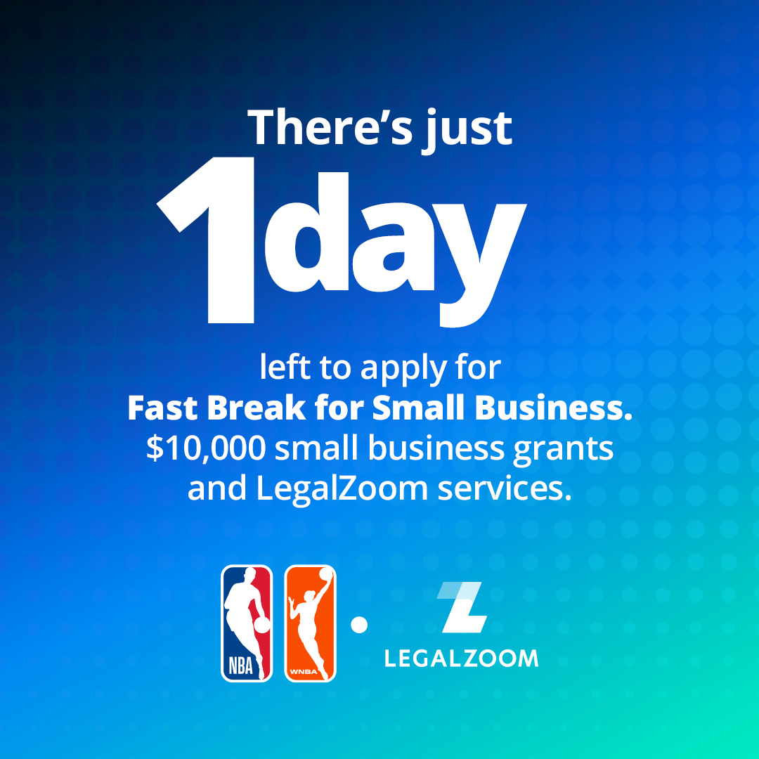 LegalZoom's tweet image. It&apos;s the last day! ⚠️ Consider this your sign to apply for a $10k #FastBreak4SmallBiz grant. Learn more at bit.ly/3vWLTlm.