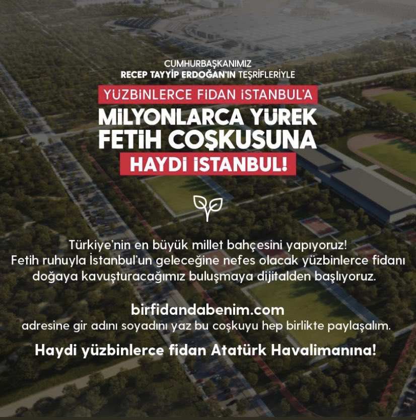 TÜRKİYE’NİN EN BÜYÜK MİLLET BAHÇESİ AÇILIYOR…

Memleketimizin her yerinin bu heyecana ortak ve şahit olmasını istiyoruz. 

Sen de bir fidanda heyecanını ve coşkunu paylaş.🌿🌿🌿
#BirFidandaBenim

🌱 birfidandabenim.com