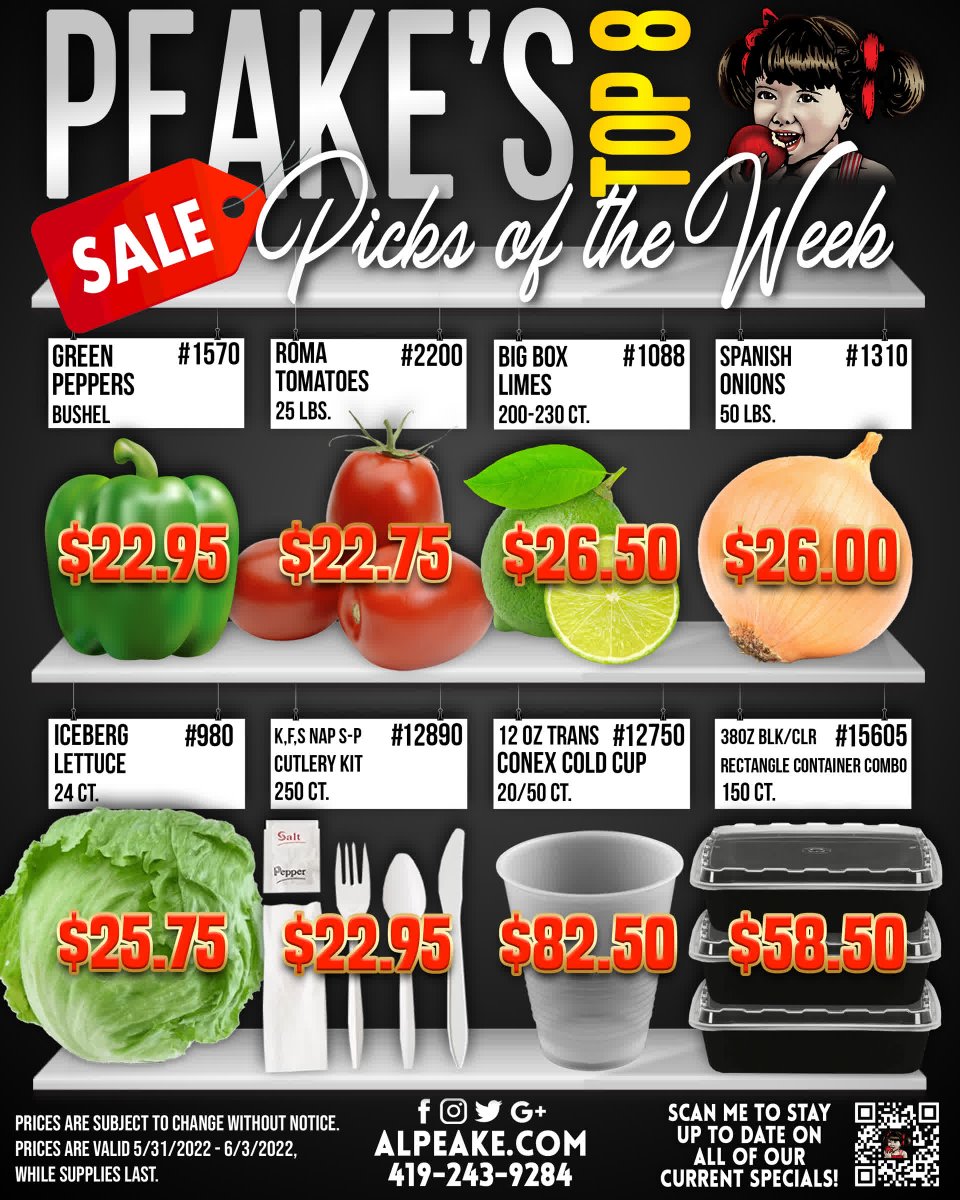 Peake's Picks are BACK! 😁
Here are next Week's Specials!

The First Name in Family Food Service!
alpeake.com | (419) 243-9284
