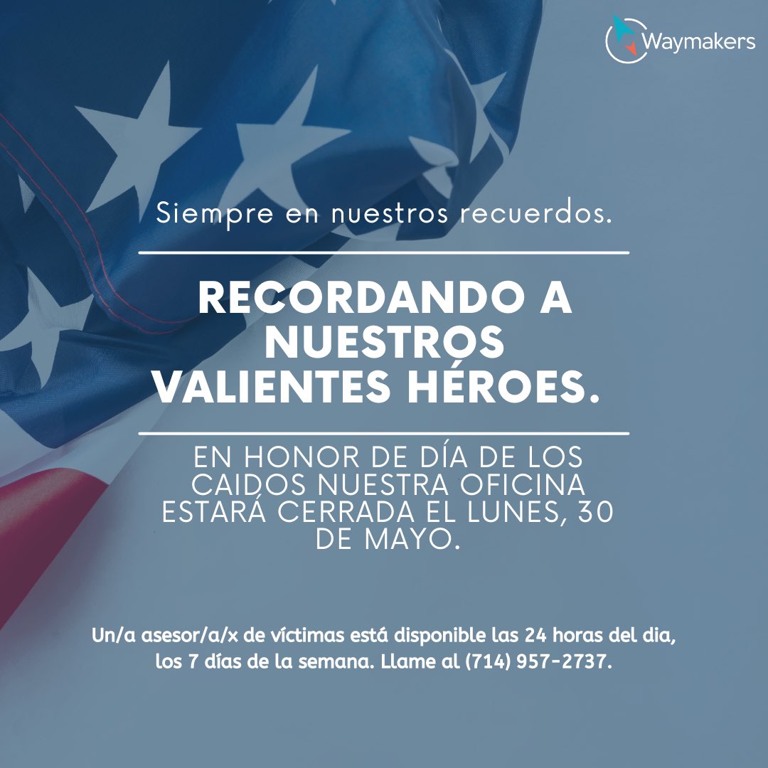En honor del #DiadeLosCaidos nuestra oficina estará cerrada el 30 de Mayo. Nuestros voluntarios estarán disponibles si desea conectarse con un consejero/a/x en crisis de #AsaltoSexual a través de nuestra línea directa de 24 horas en (714) 957-2737.

#SAVS #WaymakersOC
