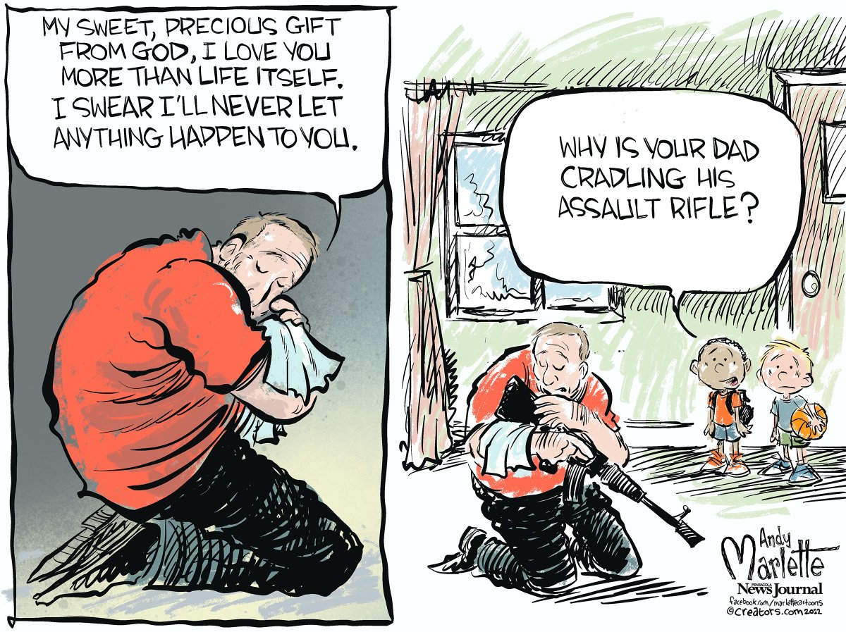 AndyMarlette's tweet photo. New cartoon: More precious than life itself? @NRA #TexasSchoolMassacre https://t.co/hppCTcQW41