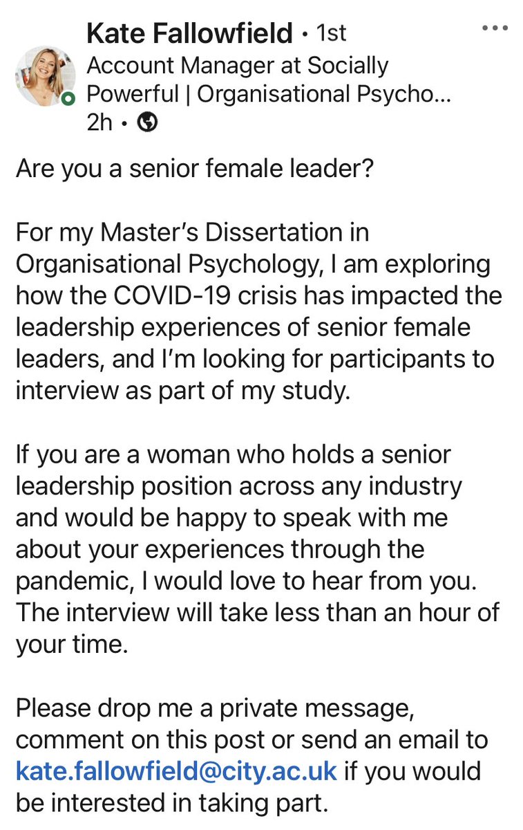 Senior female leaders.
Could you spare a short time to help my great MSc colleague Kate.
Any help appreciated.
Please RT