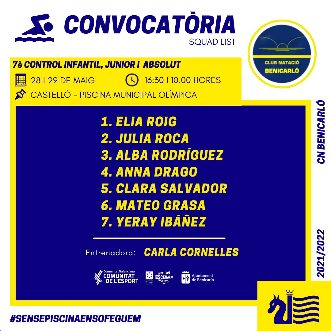 CN_Benicarlo's tweet image. 🆕 CONVOCATÒRIA 

🏊✅ L'Equip infantil, júnior i absolut disputen el últim control de la temporada regular a la piscina olímpica de Castelló. 

@fncv_oficial
@dipuesport
@comunitatesport
@Ajunt_Benicarlo

#CNBenicarló💙💛
#EActivate
#ComunitatDeLEsport 
#Natació