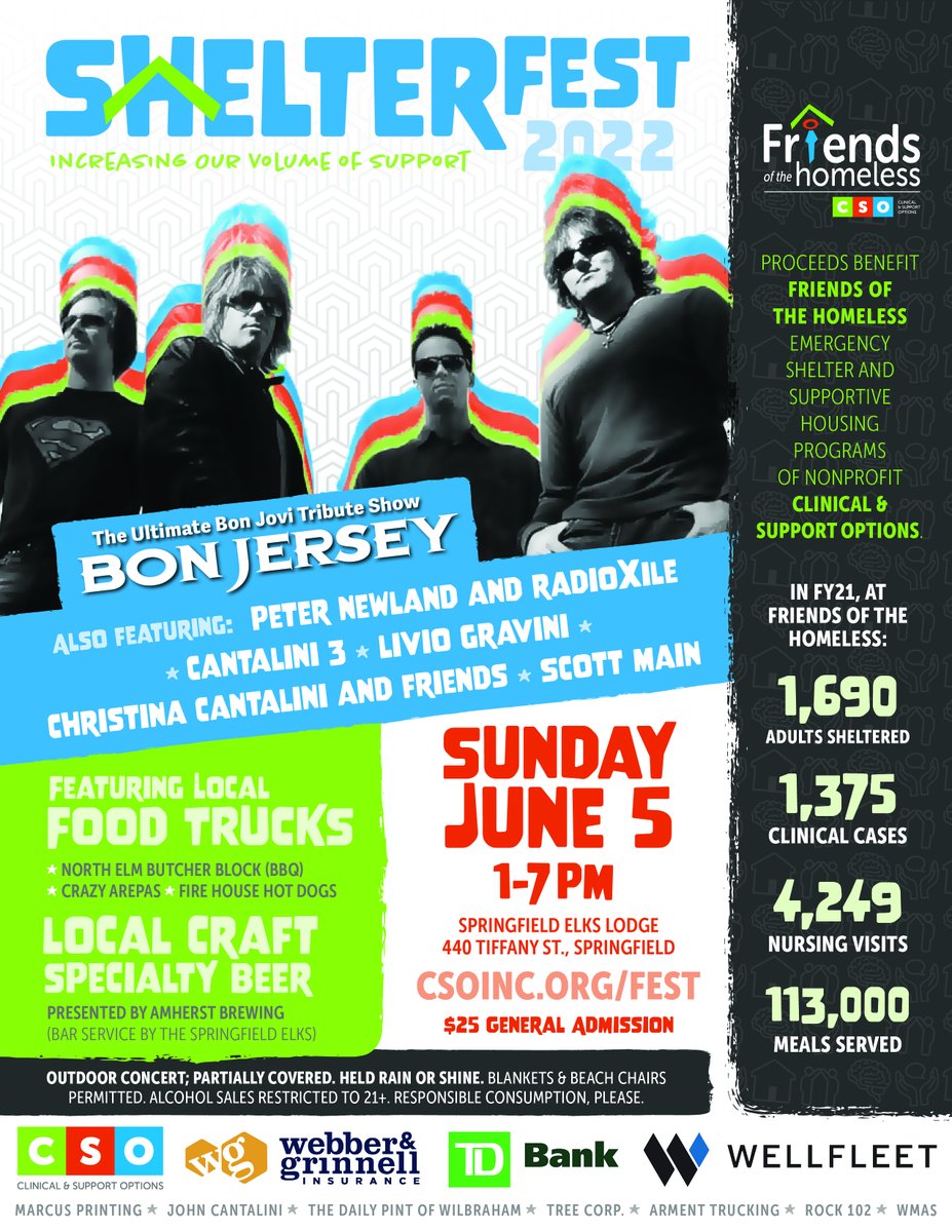 FOH Springfield (@fohspringfield) on Twitter photo A week away from our "ShelterFest" fundraiser addressing #homelessness in Greater #SpringfieldMA.
Sunday, June 5 at the <a href="/spfldelklodge/">SPFLD ELKS</a> on Tiffany St.
Featuring local #BonJovi tribute act Bon Jersey and other local musicians.
Tickets at csoinc.org/fest. A week away from our "ShelterFest" fundraiser addressing #homelessness in Greater #SpringfieldMA.
Sunday, June 5 at the <a href="/spfldelklodge/">SPFLD ELKS</a> on Tiffany St.
Featuring local #BonJovi tribute act Bon Jersey and other local musicians.
Tickets at csoinc.org/fest.